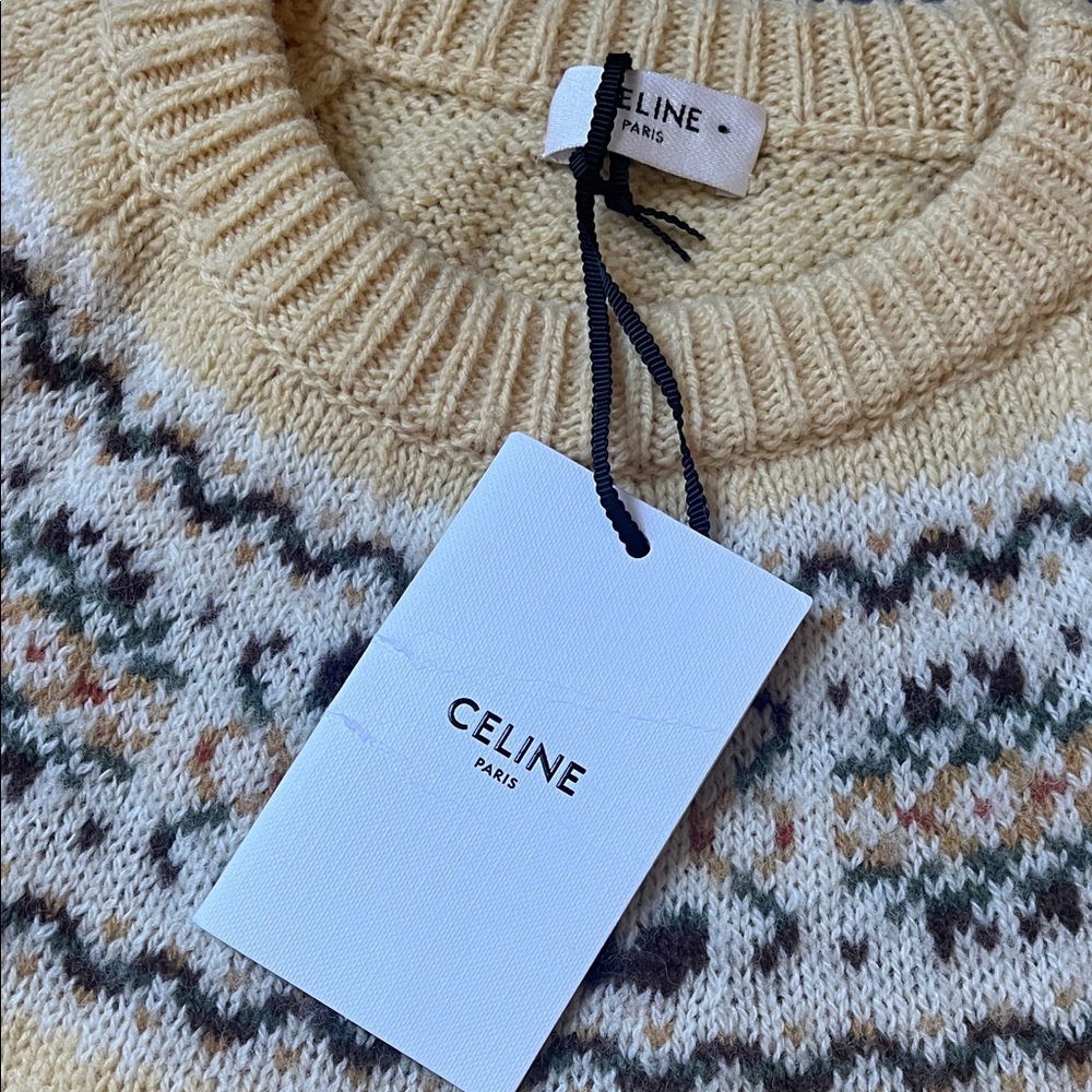 CELINE Yellow Fair Isle Yoke Wool Sweater - Picture 2 of 7